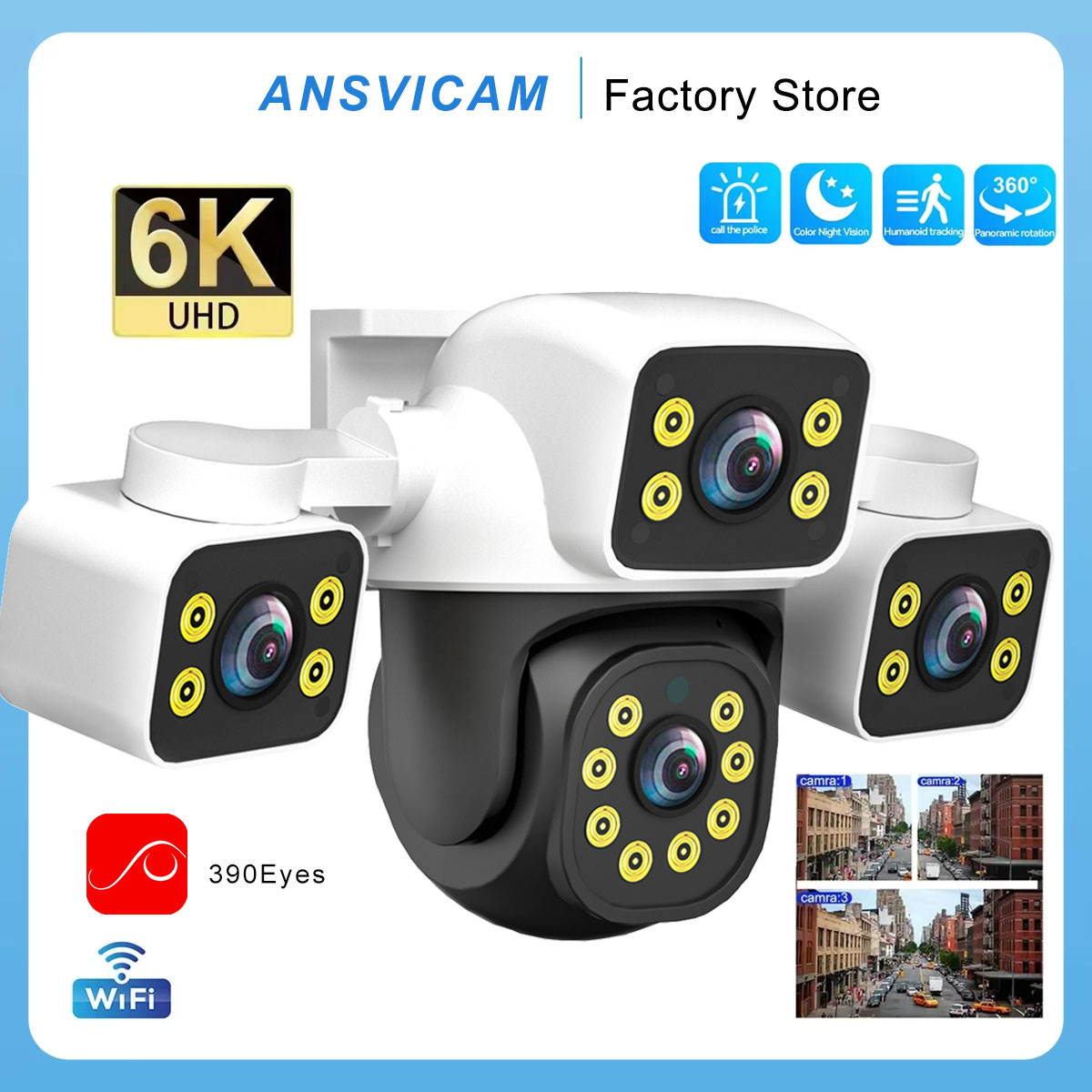 WiFi IP Camera 6K UHD Outdoor 12MP Three Screen Three Lens Human Type AI Detection Automatic Tracking Securit Monitoring IP CCTV