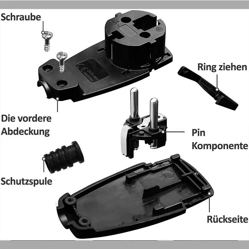 Euro-Standard Deutscher selbstmontierter europäischer Netzkabelstecker mit Zugring, deutscher und französischer Universalstecker mit gebogenem, ultradünnem Stecker