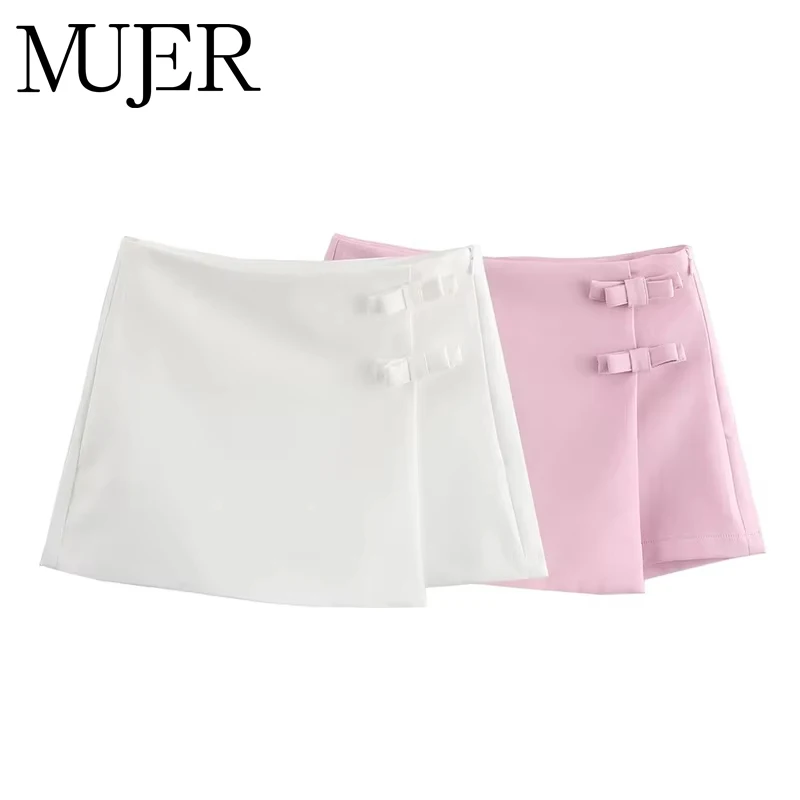 MUJER 2025 Minifalda rosa y blanca para mujer, falda con lazo a la moda para mujer, Falda corta con abertura de verano, falda de cintura alta dividida, pantalones cortos