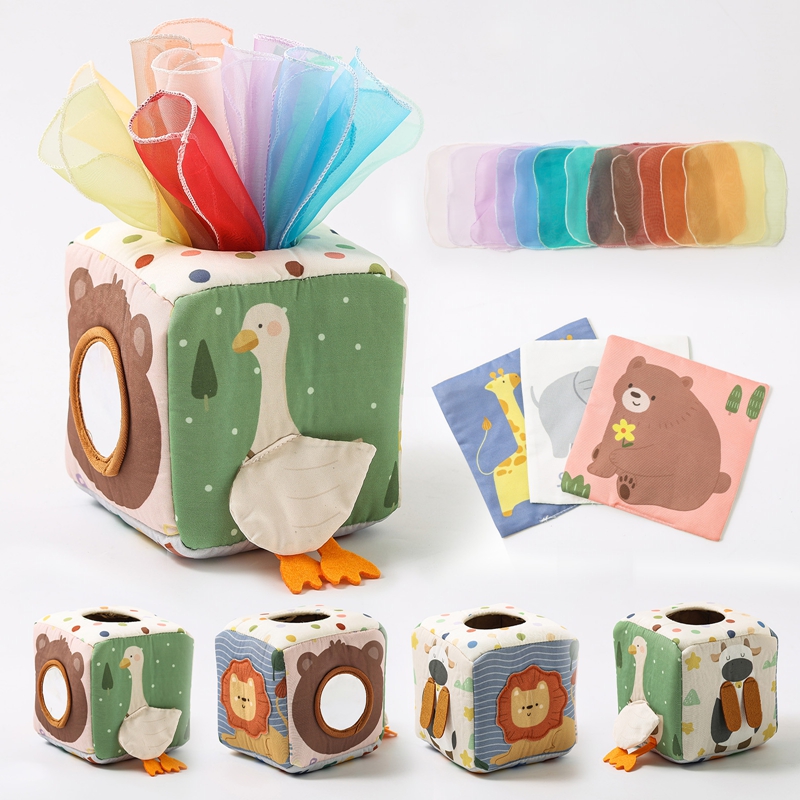 Juguetes Montessori, caja mágica de pañuelos de animales de algodón para niños, tablero ocupado para ejercicio de los dedos, juguetes para actividades educativas para bebés, regalos de juego sensorial