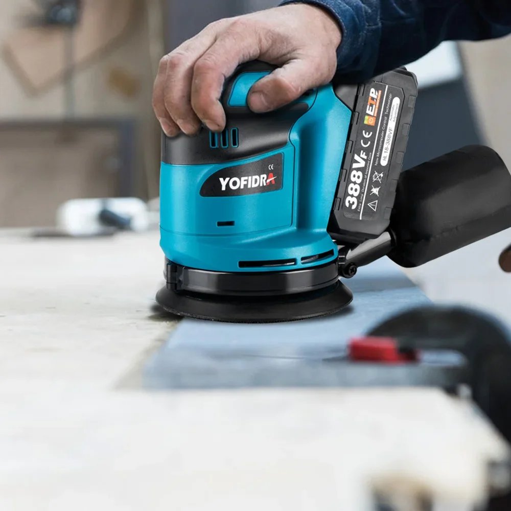 YOFIDRA 125 mm elektrischer Exzenterschleifer, 3 Geschwindigkeiten, verstellbar, kabellos, wiederaufladbar, Polierschleifmaschine für 21 V 18 V Akku