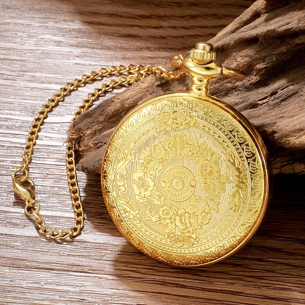 Antiguo reloj de bolsillo de cuarzo con números romanos vintage Steampunk, caja de oro, colgante, cadena de reloj para hombre y mujer