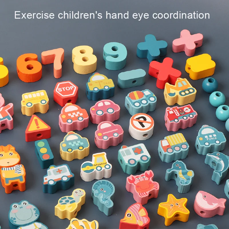 เด็ก Montessori ไม้ Lacing ของเล่น DIY ลูกปัดไม้เด็กการ์ตูนสัตว์ผลไม้ตัวอักษรดิจิตอลลูกปัด Threading ของเล่นของขวัญ