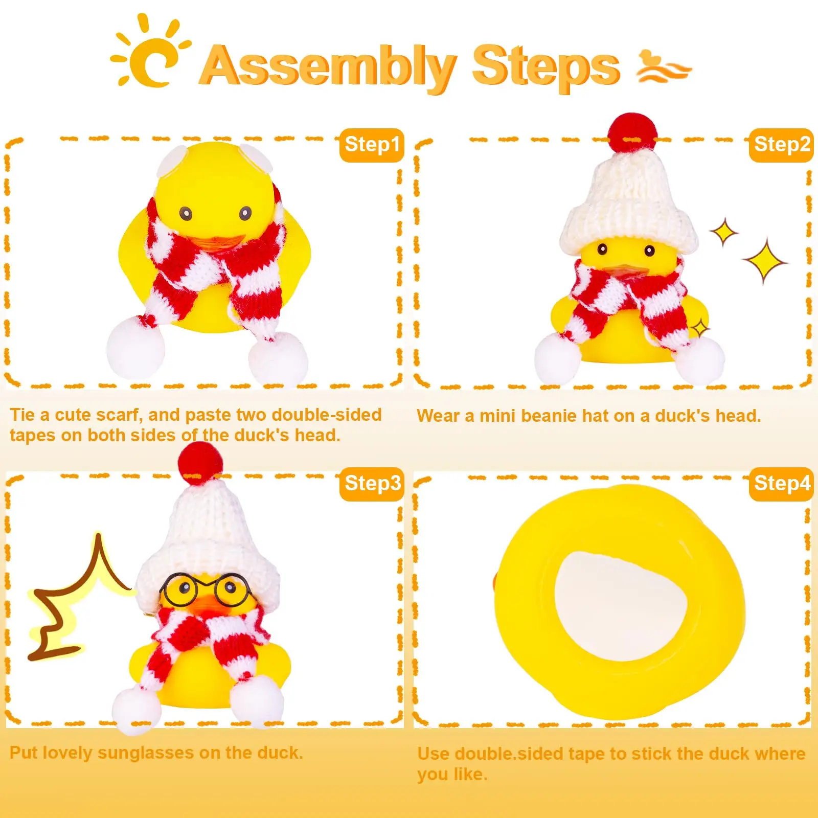 2 pacotes de patos de borracha para carro, decoração de painel, patos de inverno, acessórios de ornamentos de carro com mini gorro, chapéus, cachecóis e óculos de sol