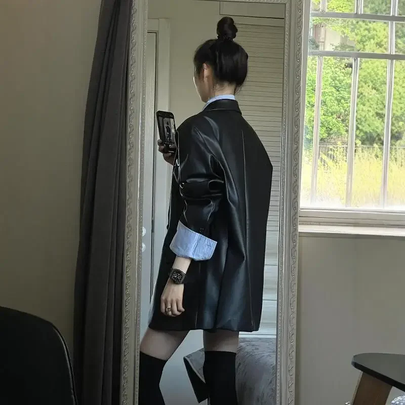 2024 novo estilo jaqueta de couro genuíno feminino solto ajuste casual elegante high-end sensação superior coreano vintage jaqueta preta