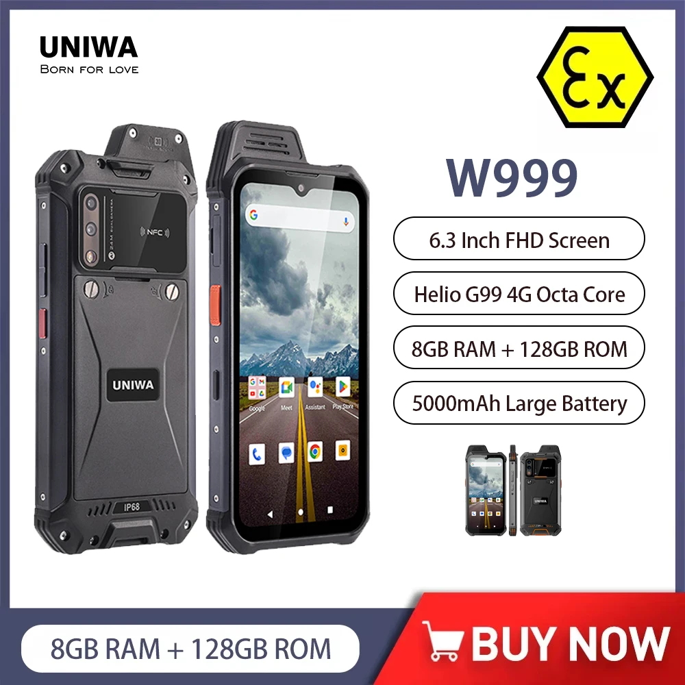 UNIWA W999 Helio G99 Walkie Talkie resistente al agua 8GB + 128GB 6,3 pulgadas FHD 5000mAh Smartphone Andriod 13 NFC teléfonos móviles ATEX