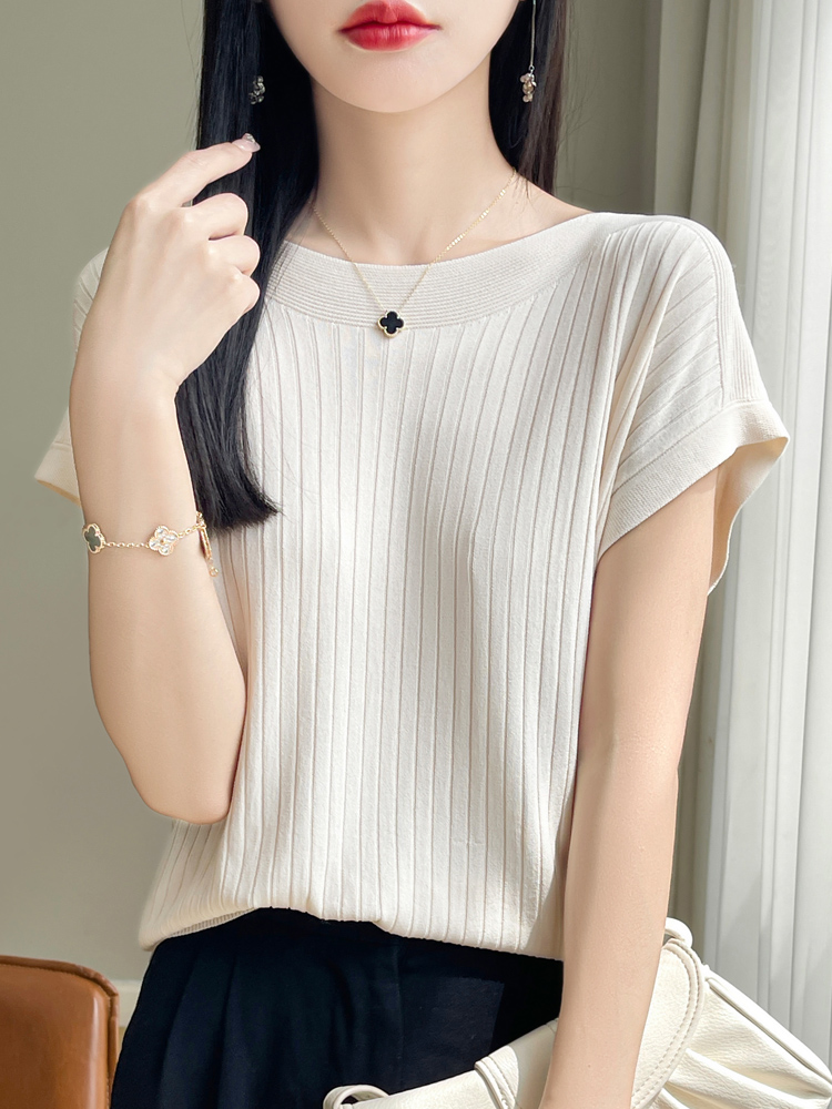 2025 mode Slash Neck Frauen Pullover Eis Seide Frühling Sommer Gestrickte Pullover Lose Beiläufige Koreanische Shirts Kurzarm Strickwaren