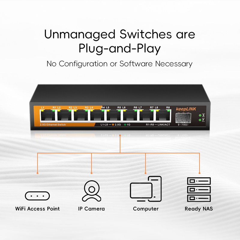 Red Ethernet KeepLiNK de 8 puertos y 2,5 Gbps con Plug and Play no administrado SFP+ de 1-10 Gb