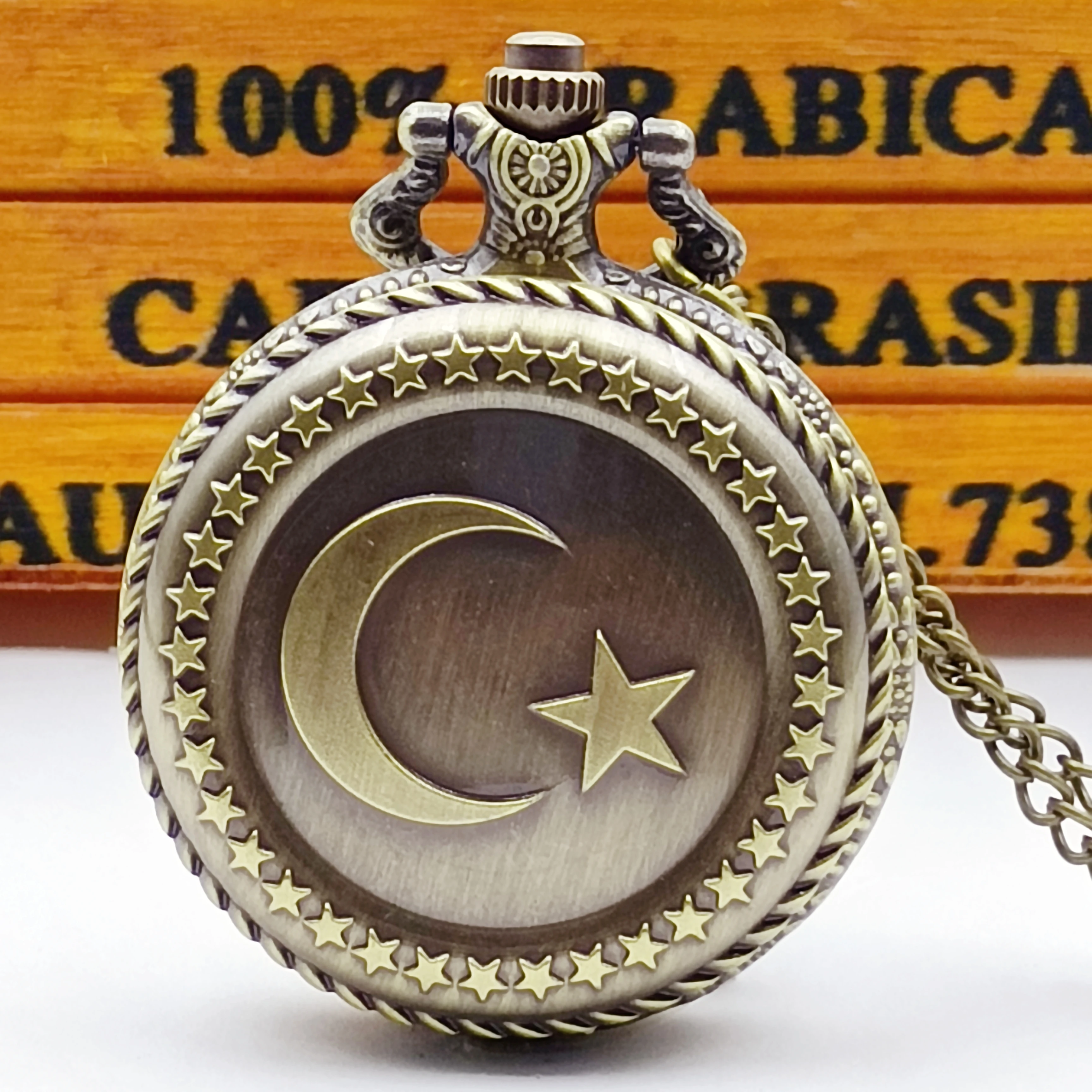 Vintage Bronze Stern und Mond gravierte Halskette Quarz Taschenuhr für Weihnachts geschenke für Männer und Frauen