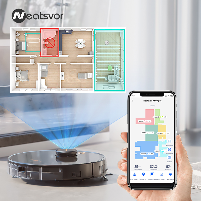 Robot stofzuiger Neatsvor X600pro 6000Pa Laser Navigatie Smart Robot, App Virtual Wall, Breekpunt Schoonmaken, trekken Schoonmaak Gebied, Dweilen Wassen