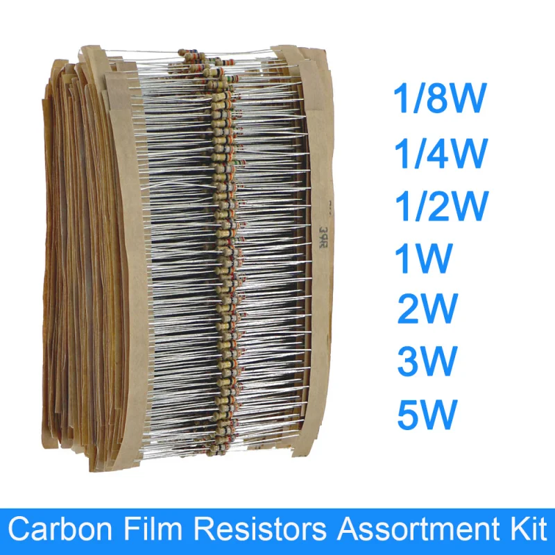Juego surtido de resistencias de película de carbono 1/8W 1/4W 1/2W 1W 2W 3W 5W 5% Paquete de resistencias de componentes electrónicos