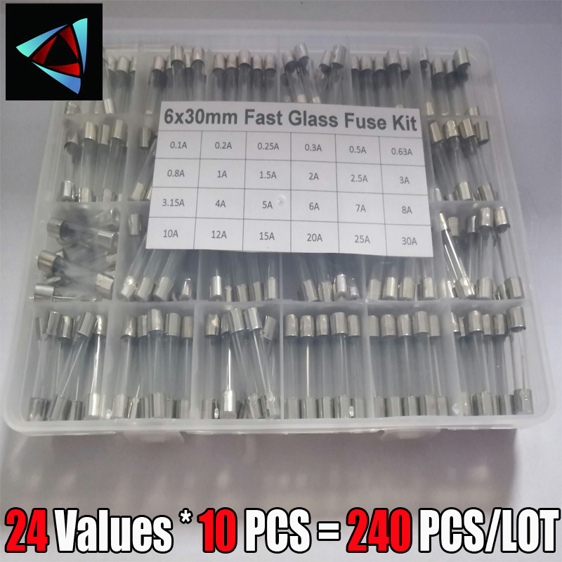240 Teile/schachtel 24 Werte 6x30mm Schnelle Glas Sicherung Kit In Paket 0,2 A 0,5 A 1A 2A 3A 5A 6A 8A 10A 15A /250 V 6*30 Versicherung Rohr Paket