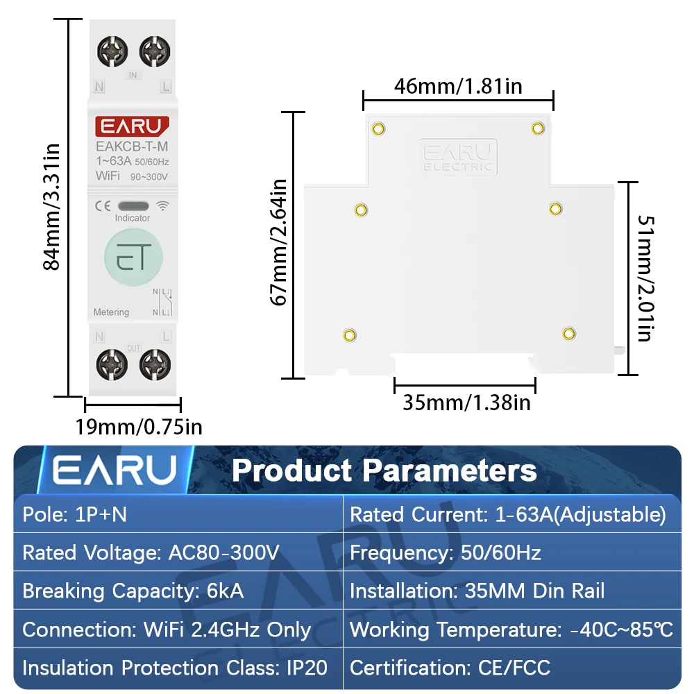 Tuya WiFi Smart Circuit Breaker MCB 1P + N 63A จับเวลาพลังงาน kWh แรงดันไฟฟ้า Meter Protector เสียงรีโมทคอนโทรล