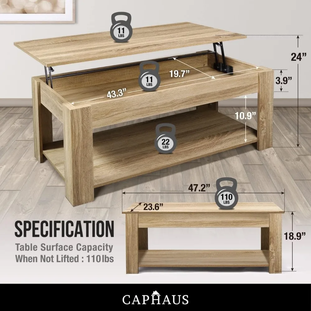 47' Couchtisch aus Natur-Eiche mit Hubplatte und Stauraum, 110 Pfund Tragkraft, 11 Pfund angehoben