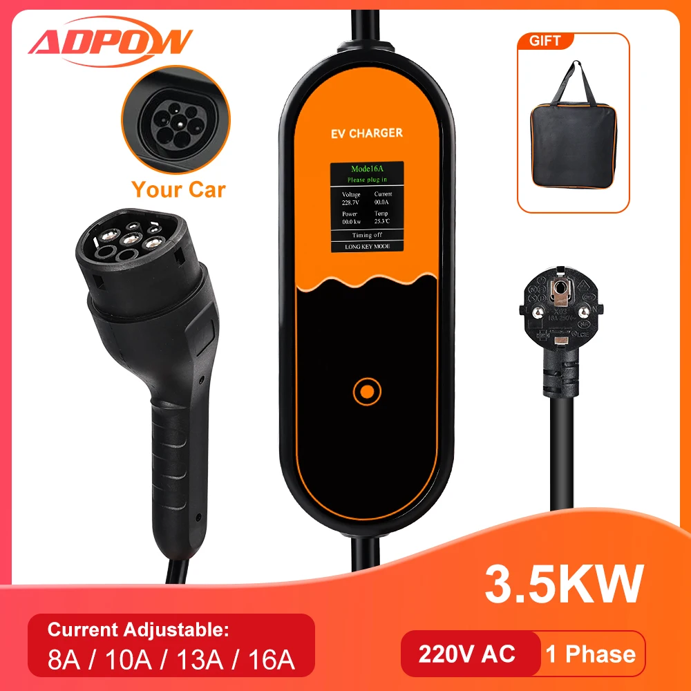 ADPOW EV Portable Charger Type2 Connector EU Plug 16A 1Phase 3.5KW 3m Wallbox Charging Station for Electric Vehicle Car