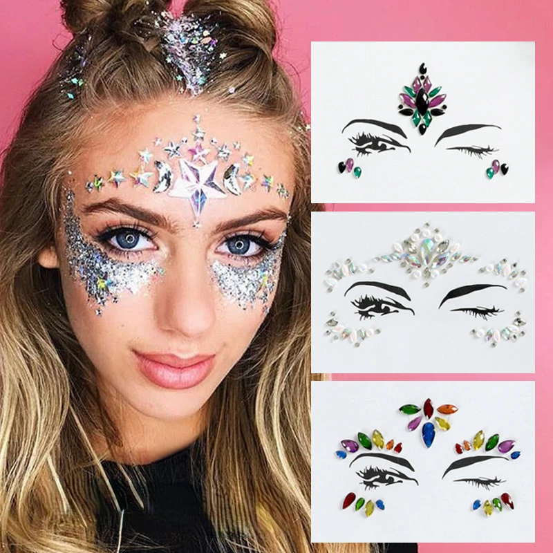 Joyas de cristal para cara, pegatinas de tatuaje para mujer, gemas de arte corporal con purpurina, adorno de Festival gitano, pegatinas de belleza de maquillaje de moda 3D