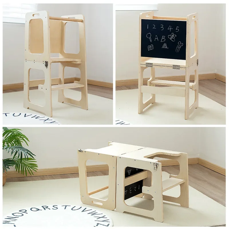 Kids Kitchen Step Stool With Safety Rail For Toddlers Wood Foldable Learning Tower With Blackboard