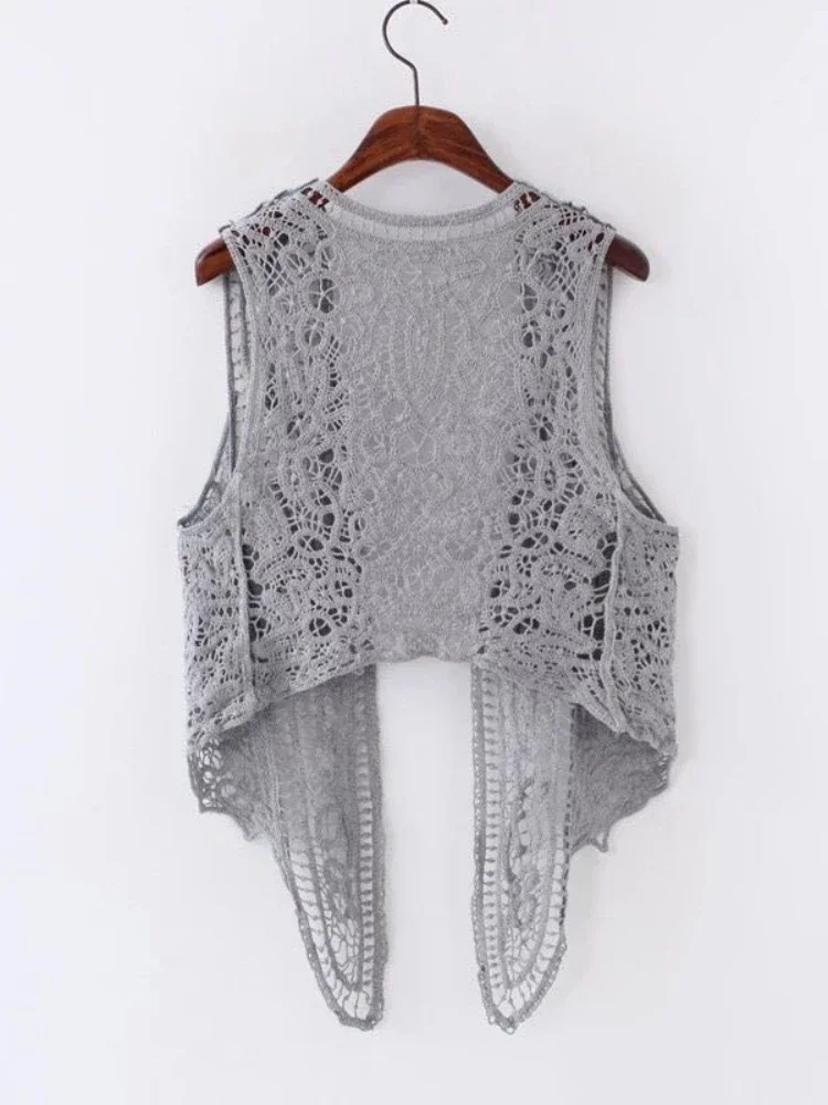 ไม่สมมาตรเปิดเสื้อสเวตเตอร์ถักฤดูร้อนชายหาด Boho Hippie คนสไตล์โครเชต์ถักเย็บปักถักร้อยเสื้อเสื้อกั๊ก 2022