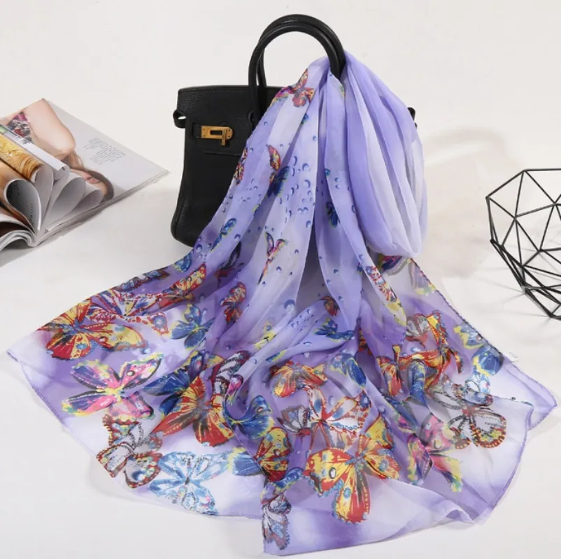 Sciarpa scialle da donna lunga stampata a farfalla con protezione solare in morbida chiffon ultrasottile