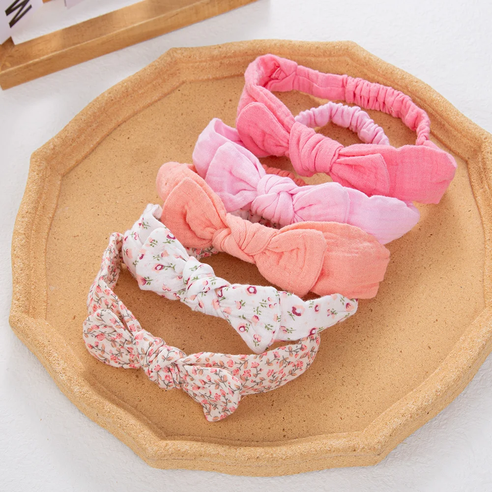 5 unids/set de diadema de lino y algodón de muselina lisa para bebé, banda elástica para el pelo con Orejas de conejo, turbante para niña, accesorios elásticos