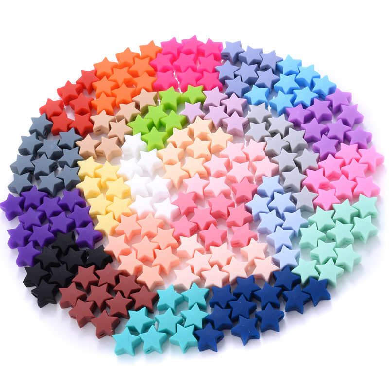 14mm 50 unids/lote cuentas de silicona forma de estrella de cinco puntas mordedor para bebé masticar chupete Clip accesorios de cadena cuentas de silicona sin BPA