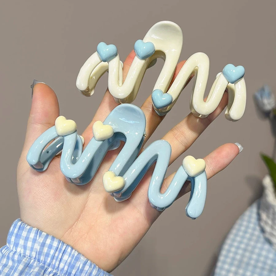 Pinza para el pelo con forma de onda de corazón azul de 10,5 cm, Clips de Color crema para mujer, Clip de tiburón Irregular dulce y bonito, horquillas grandes con Clip para cola de caballo