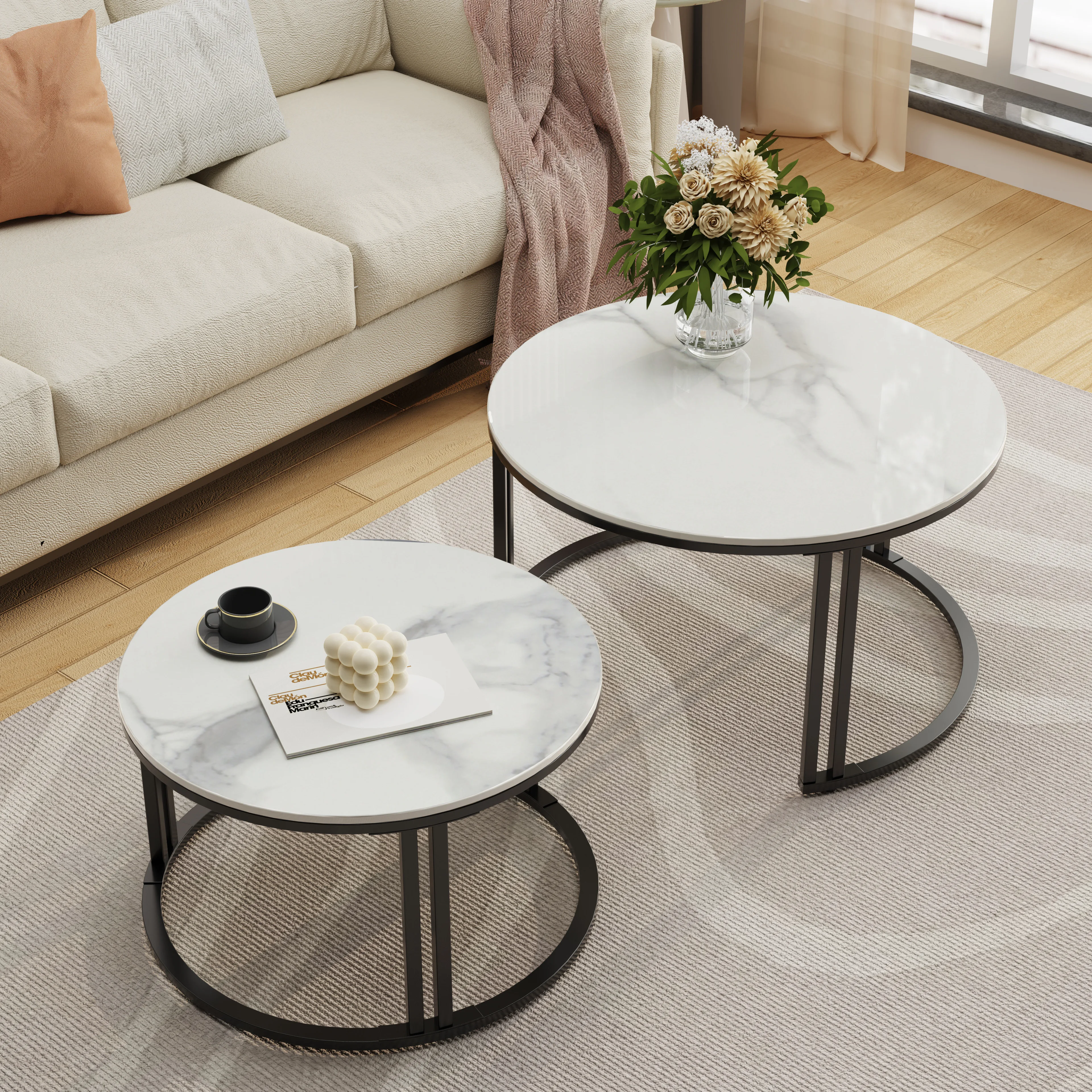 Conjunto de 2 mesas de centro gigantes modernas Wisfor, mesa central com tampo de pedra sinterizada e base de metal para salas de estar, apartamentos