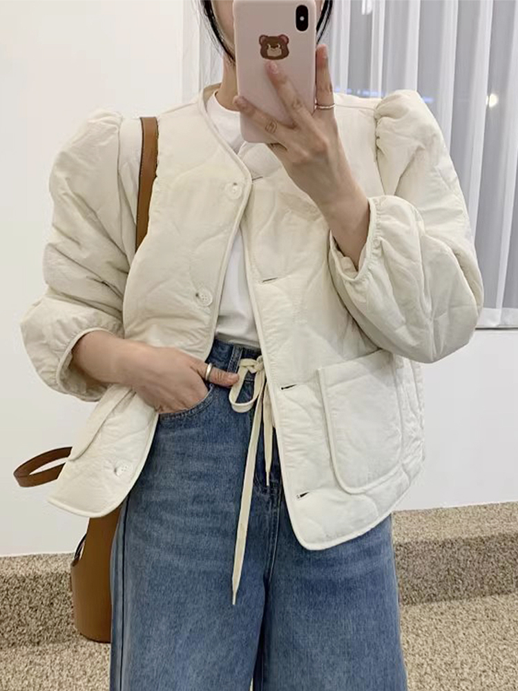 Chic Autumn Winter Thickened Casual Long Sleeve round Neck Women's Cotton Jacket Outerwear Single Button Versatile Loose Fit