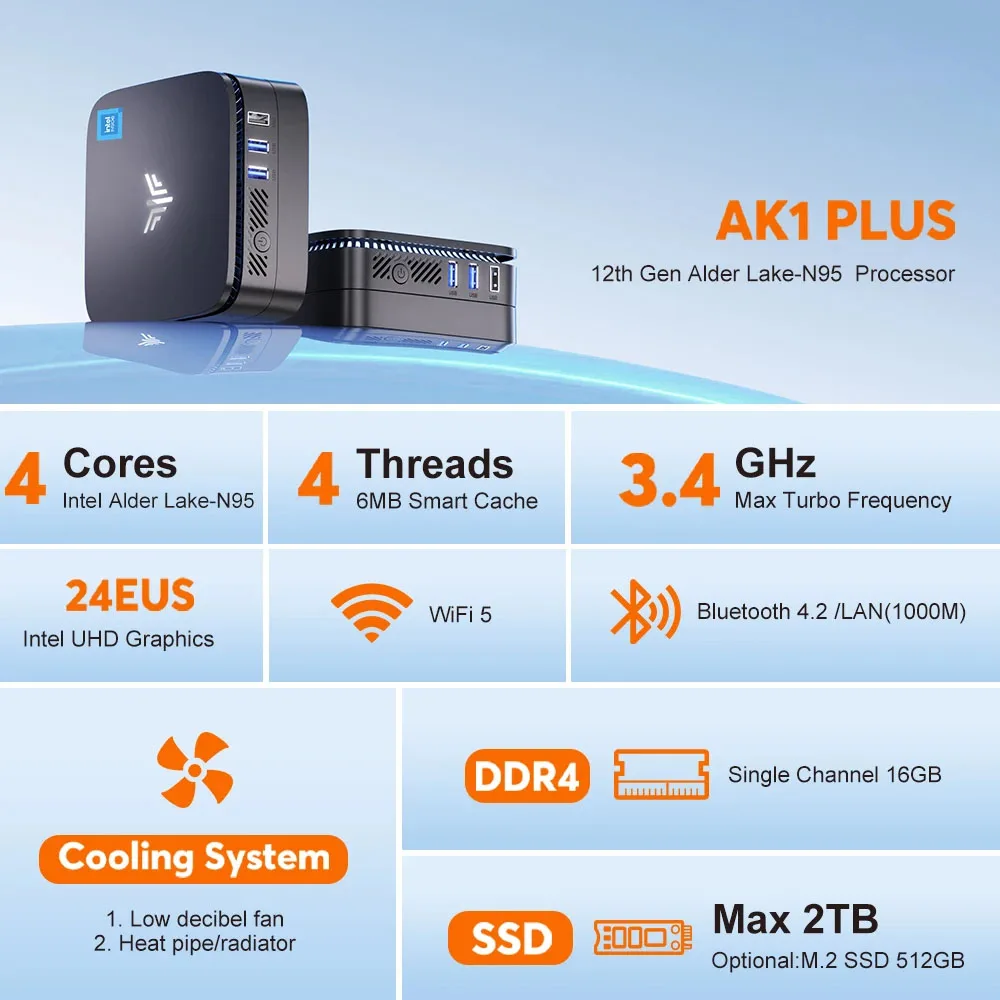 ACEMAGIC AK1 Plus Mini PC Intel N95 8/16 GB DDR4 RAM/512 GB/1 TB SSD WiFi5/6 BT4.2/5.2 Supporto computer desktop 4K UHD