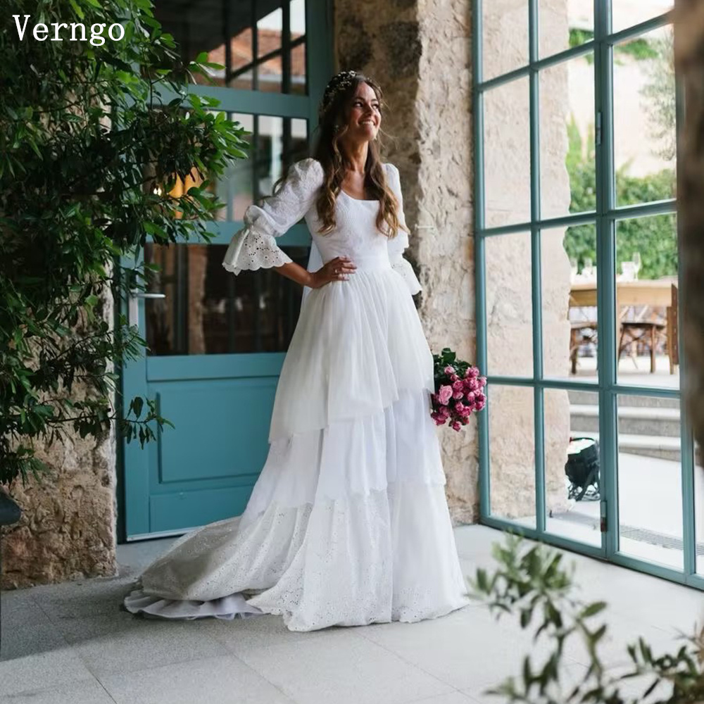 Verngo Rustikales Hochzeitskleid, Vintage-Spitzen-Hochzeitskleid 2024, Boho-Brautkleid in A-Linie, halbe Ärmel, abgestufte Brautkleider, individuell gestaltet