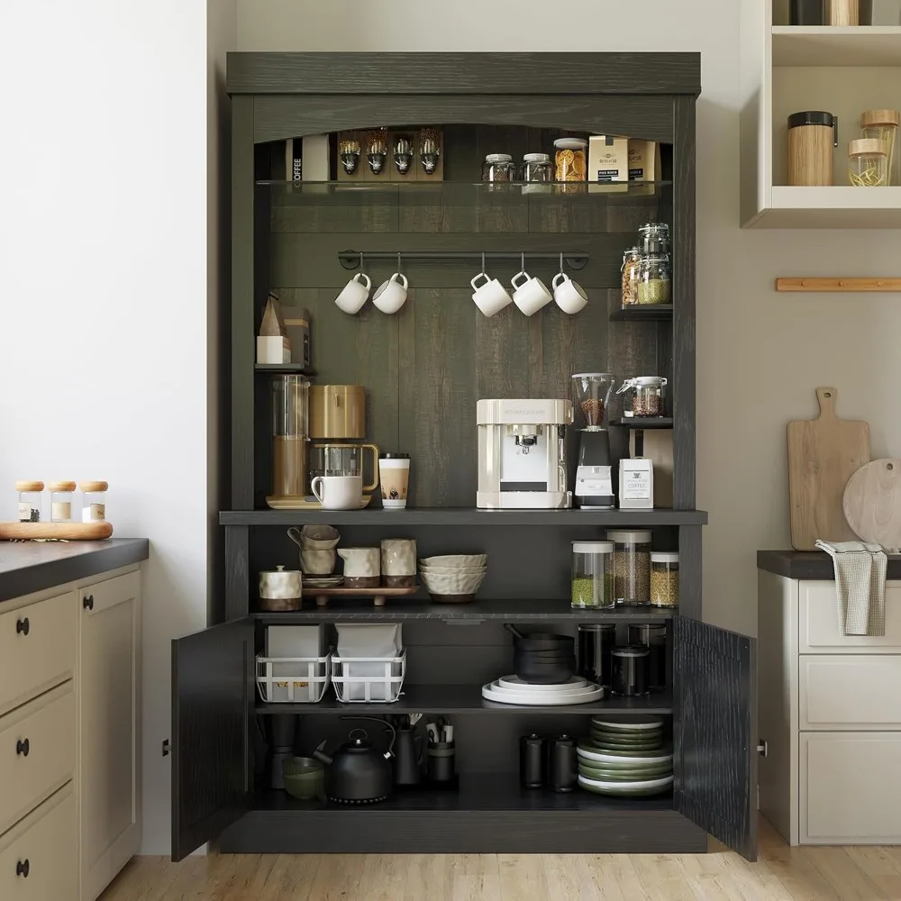 Coffee Bar Cabinet with LED Lights 72" Tall Buffet Cabinet with Storage Farmhouse Kitchen Sideboard