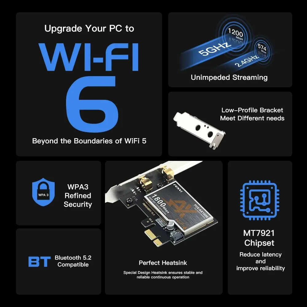 Fenvi-ワイヤレスデスクトップアダプター,wifi 6, 1800mbps,ax1800,bt5.2,802.11ax,デュアルバンド,2.4g,5g,win10用wifiカード,11