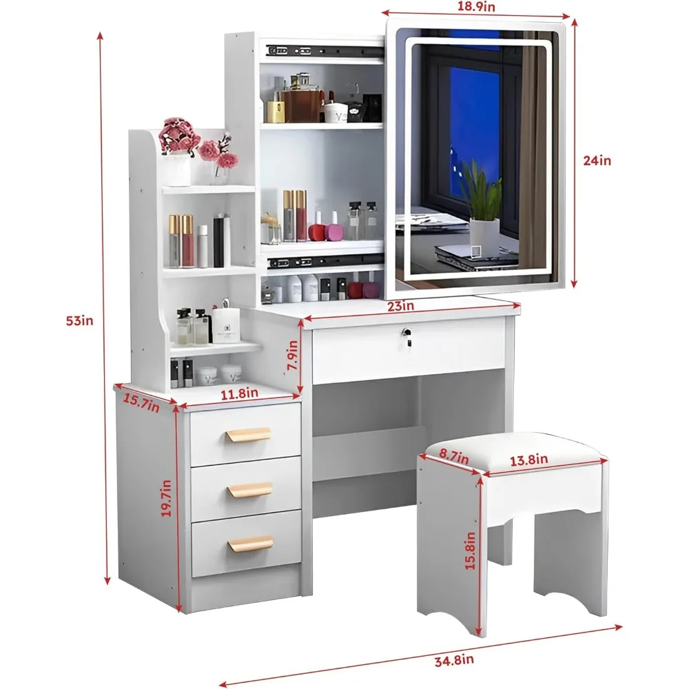 Makeup Vanity Set with Mirror and Light, Storage Drawer, Chair and Shelf, Adjustable Brightness Makeup Vanity with Light