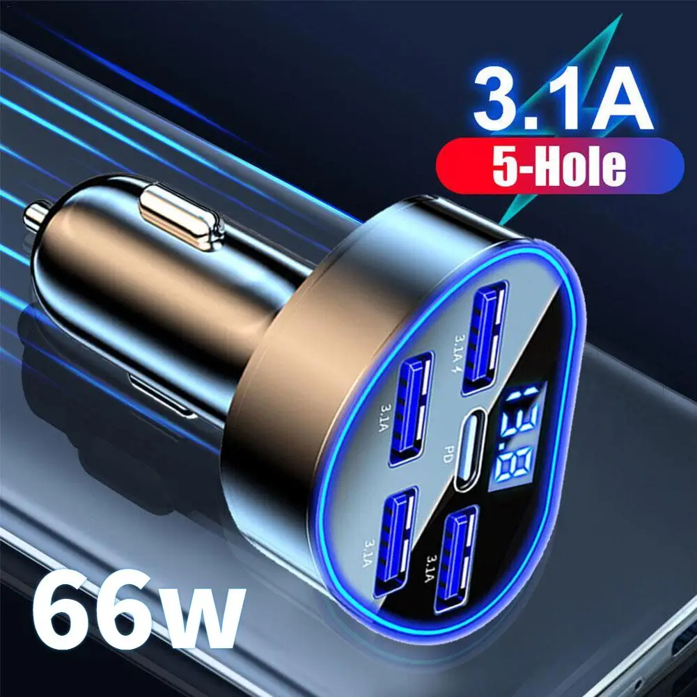 Cargador de coche PD QC3.0 de 66W con 5 puertos, adaptador de carga rápida para IPhone, USB tipo C, encendedor de cigarrillos