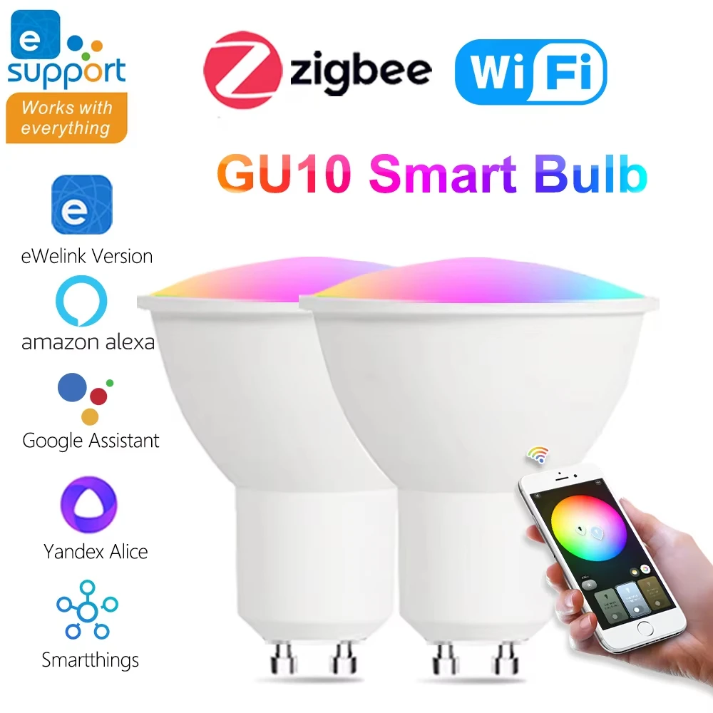 Ewelink GU10 WiFi Zigbee Smart RGB LED Spotlight Bulb APP Voice Control RGB CW WW Dimmable Lamp for Google Alexa AC 85-265V