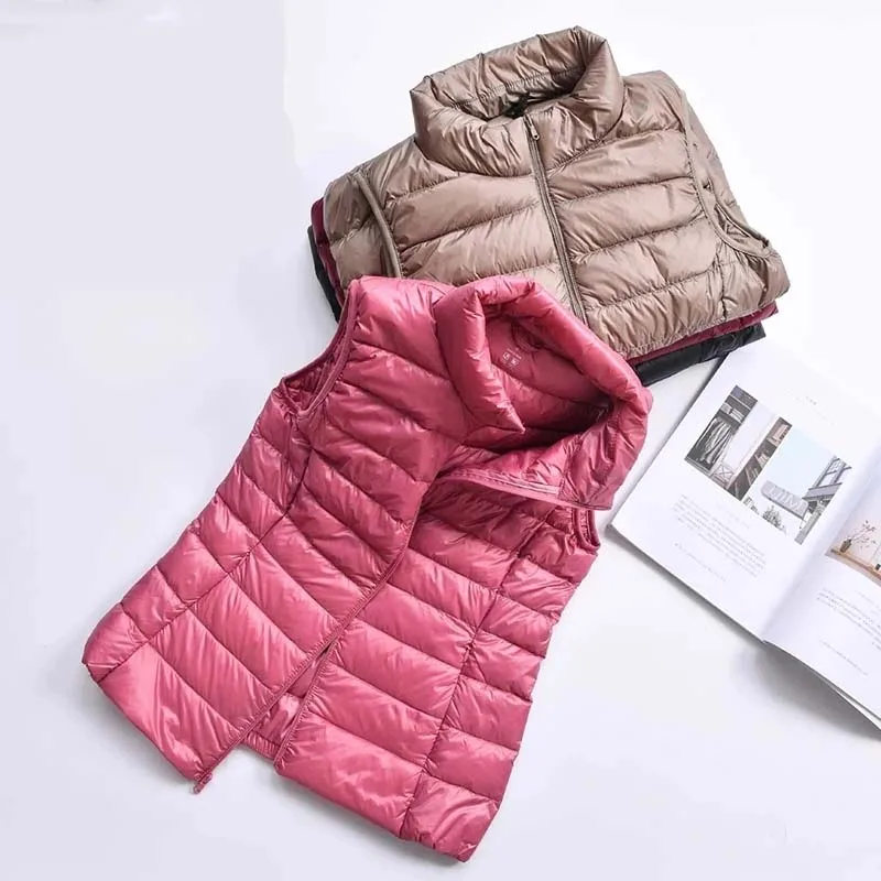 Ultraleve para baixo colete feminino 2023 novo sem mangas pato branco para baixo colete inchado acolchoado colete quente jaqueta