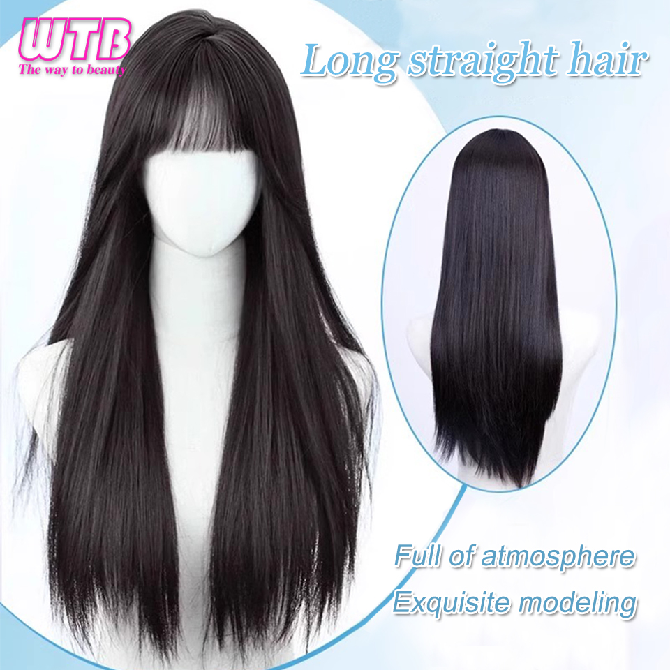 Wtb sintético 65cm coreano preto longo peruca de cabelo reto sintético natural longo cabelo reto com franja peruca