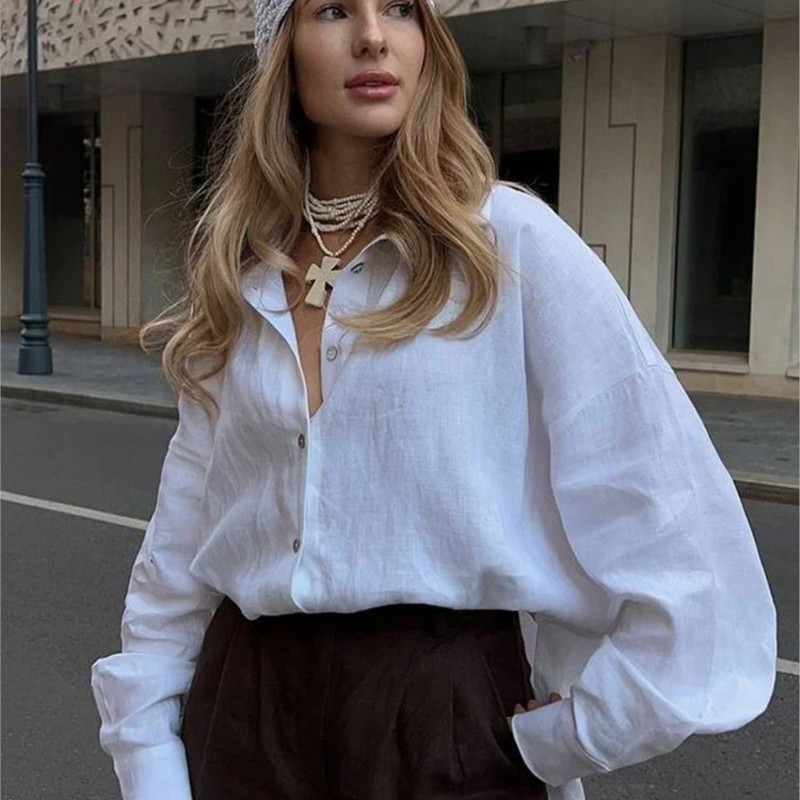 Epligg Damen Weißes Hemd Langarm Elegant Rosa Lose Mode Bluse Sommer Vintage Basic Top Kragen Hemd für Damen