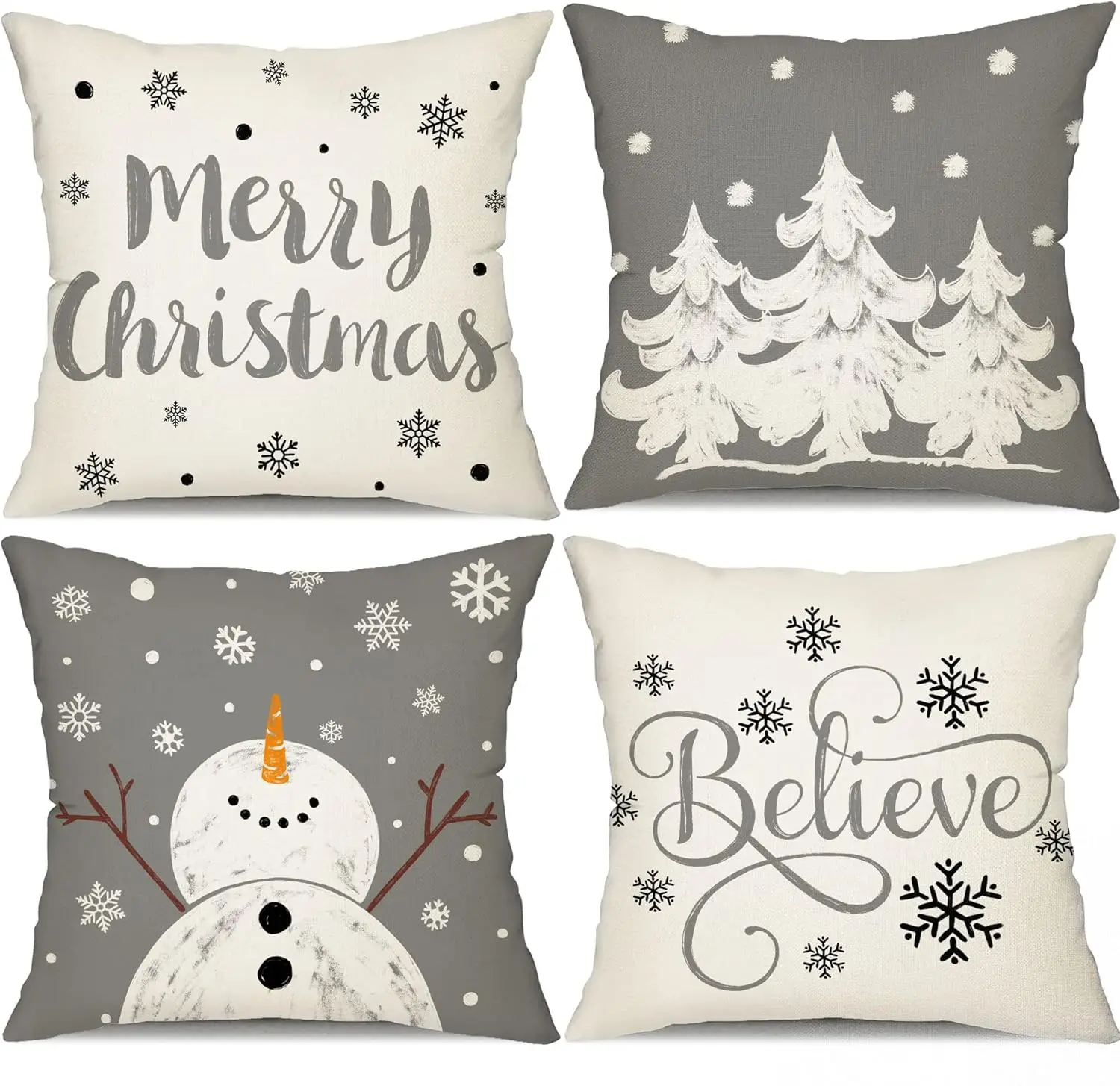 Fundas de almohada navideñas grises, decoración de copo de nieve, feliz árbol de Navidad, vacaciones de invierno, funda de cojín para sofá de casa, 45x45