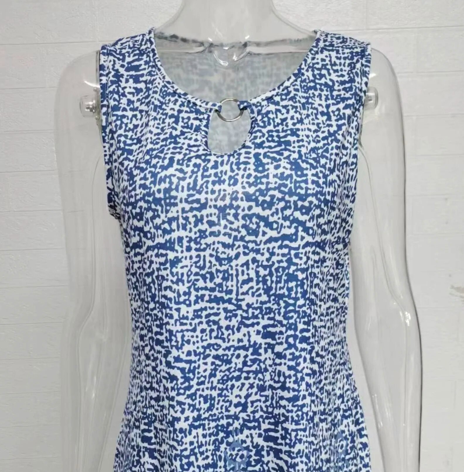 Damen-Kleid mit mittlerem Rock, lässig, Rundhalsausschnitt, ärmellos, bedruckt