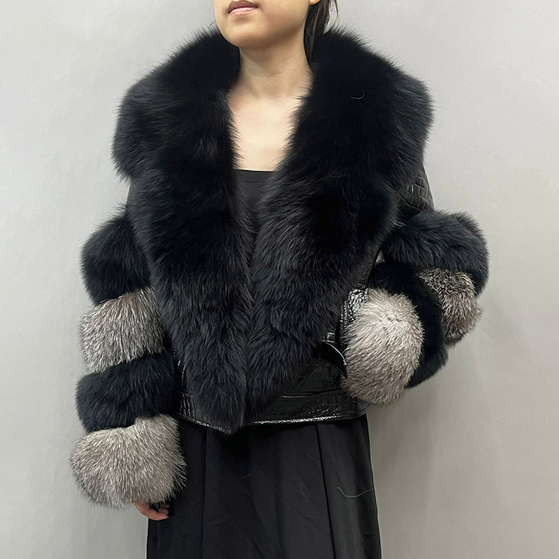 Jaqueta de couro recortada de pele real feminina, gola grande de pele, manga comprida, elegante, atacado, nova