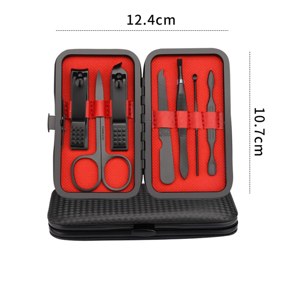 Juego de uñas de acero inoxidable de 7 piezas, cortaúñas negro elegante, lima de uñas, herramientas de belleza para manicura completa