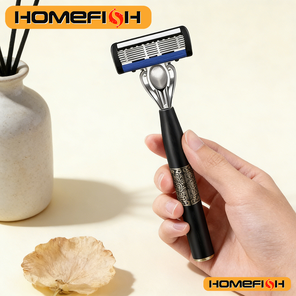 6-Layer Stainless Steel Manual Men's Razor - Washable Metal Beard Razor with Hand Guard & Metal Holder