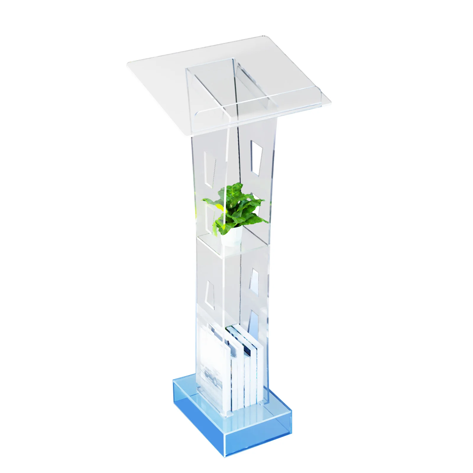 Pódio de acrílico com luz LED azul 43,3 pol. Suporte de púlpito transparente Igrejas Pódio de escritório 60x40 cm