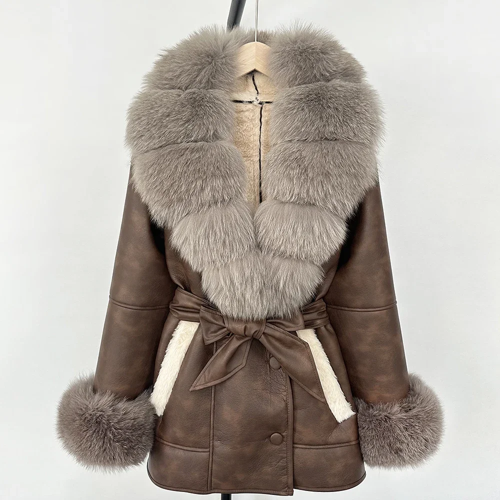 OFTBUY Echtfuchspelzjacke Lammfell Damen 2025, großer Pelzmantel, Damen-Kunstlederjacke, neue Herbst-Winter-warme Oberbekleidung, Tops