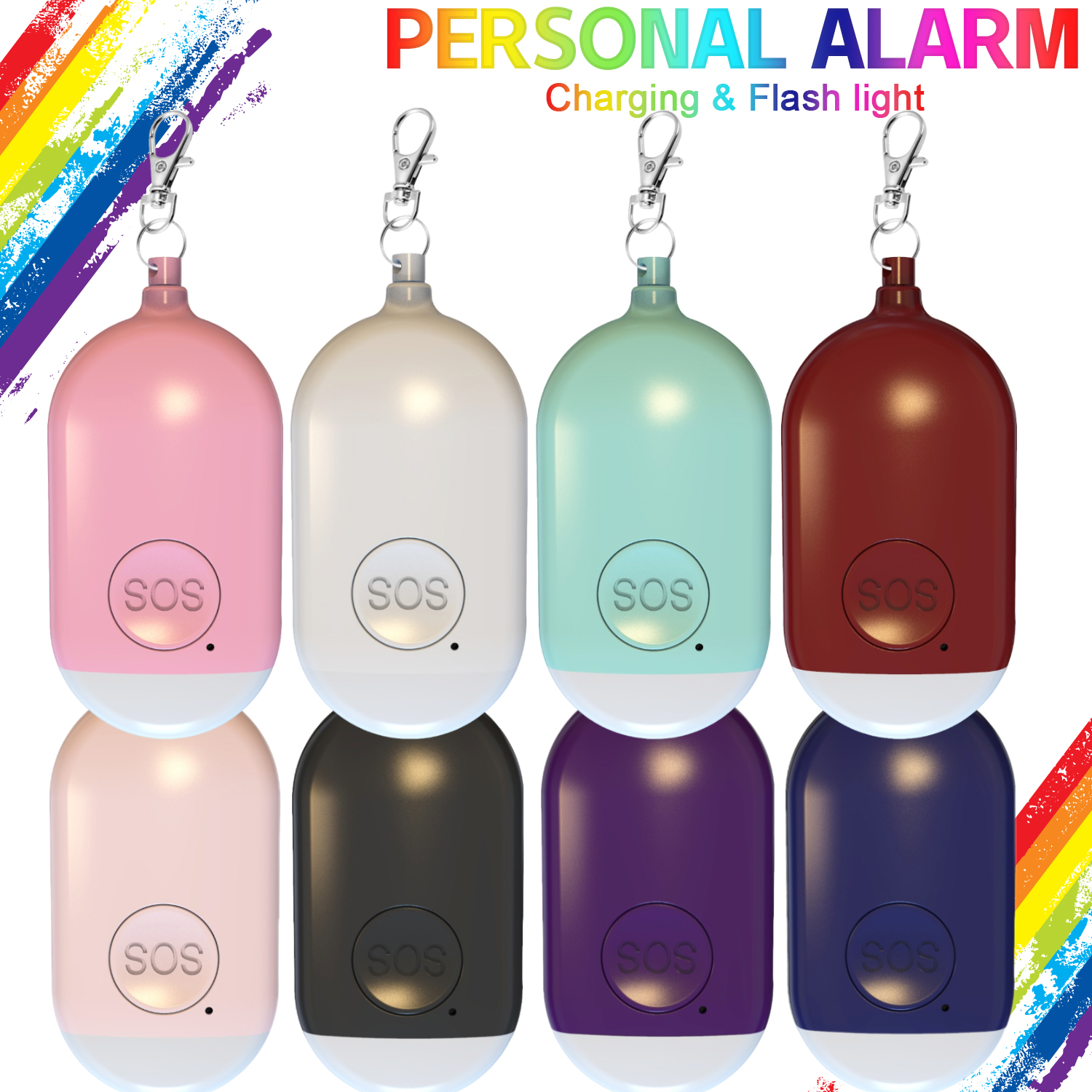 Chaveiro de autodefesa recarregável, alarme 130db, sirene pessoal de emergência alta com luz estroboscópica piscante, dispositivo de alerta de segurança sos