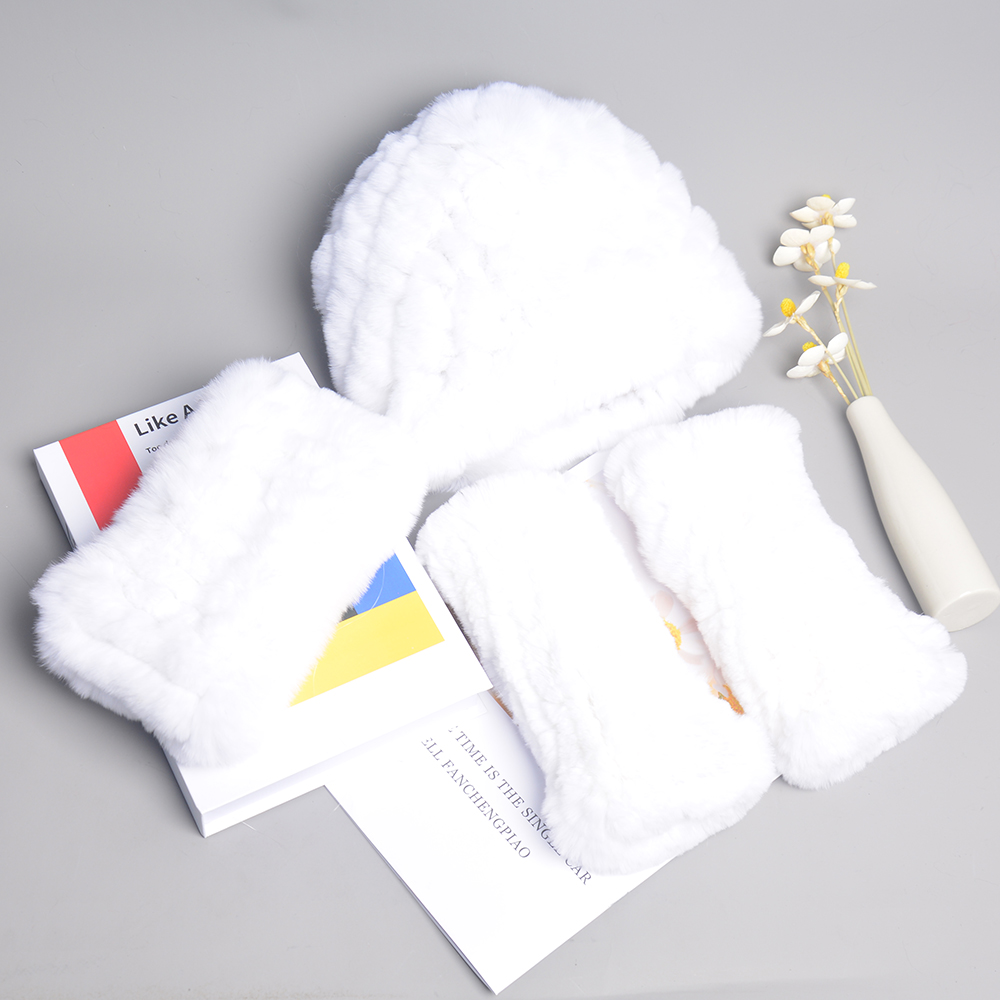 Frauen Winter Stricken Elastizität Echte Rex Kaninchen Pelz Hut Schal Handschuhe Sets Natürliche Warme Rex Kaninchen Pelz Kappe Schals Fäustlinge 3 stück