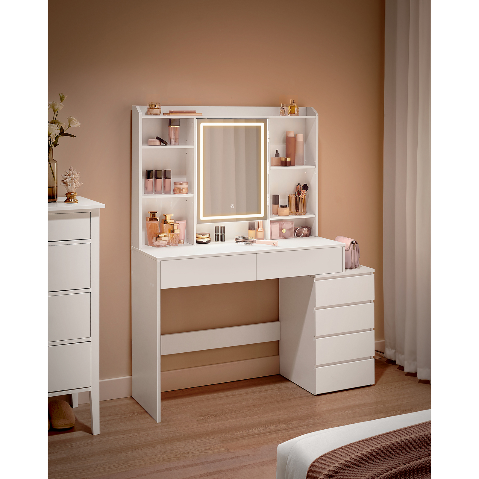 VASAGLE Makeup Vanity: Adjustable LED Lights, Mirror, Open Compartments, Shelves, Makeup Station in Cloud White