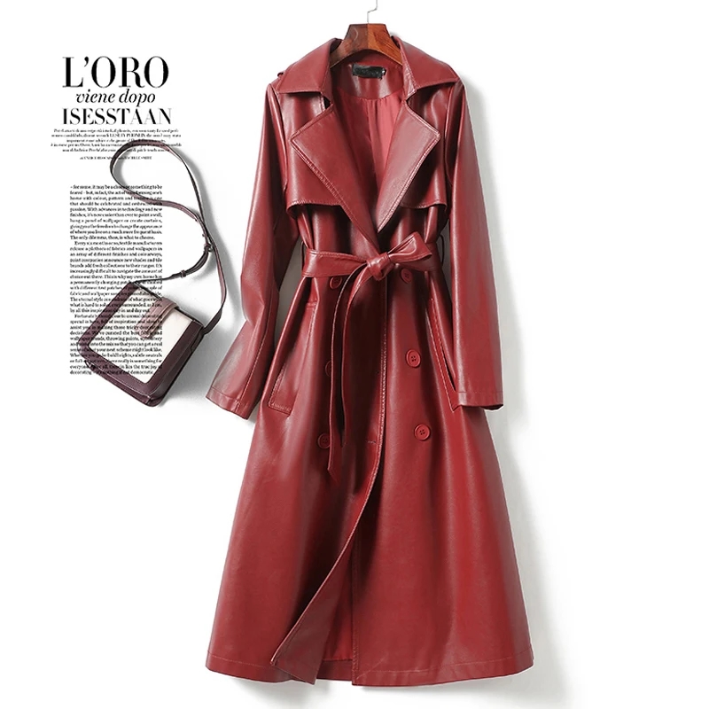 Vintage vinho vermelho feminino split ovelha couro trench coats moda trespassado rendas cinto senhoras meados de longo pele de carneiro outwear