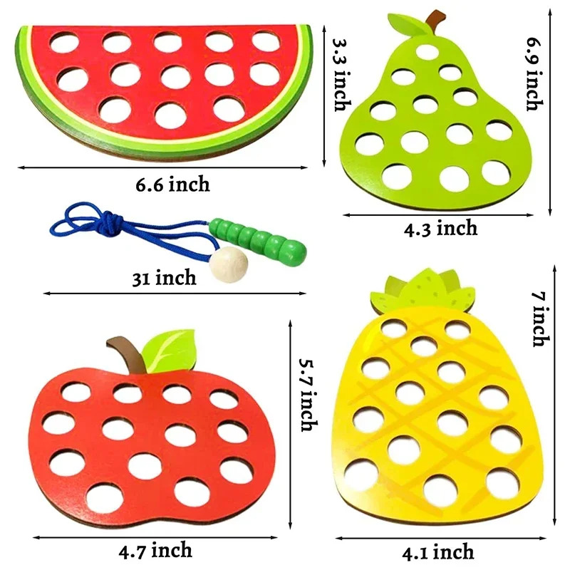 Wooden Lacing Toy Educational Fruits Threading Activity Puzzles Studying Fine Motor Skill Car Toy Set for Toddlers Kid Best Gift
